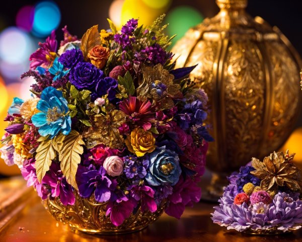 Vibrant Floral Arrangement in Decorative Gold Vase