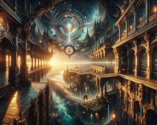 Surreal Landscape with Opulent Architecture and Cosmos