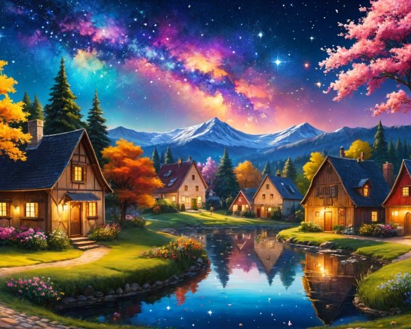 Serene Landscape with Wooden Houses and Autumn Trees