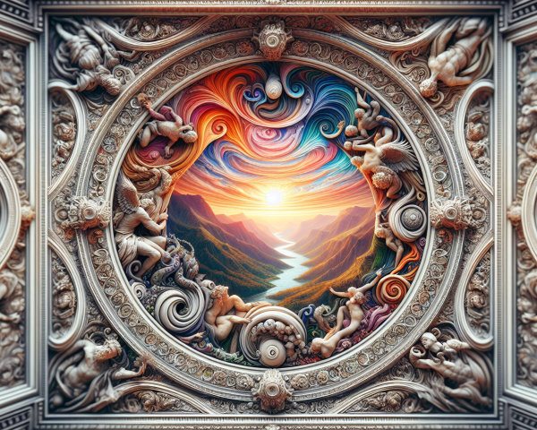 Ornate Architectural Frame with Vibrant Landscape Scene