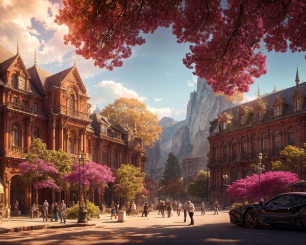 Vibrant town square with cherry blossoms and mountains