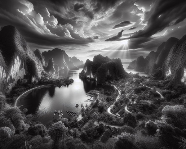 Black-and-white landscape of a serene river and karsts