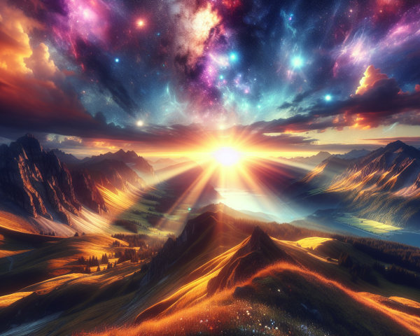 Vibrant Sunset Over Majestic Mountains and Cosmic Sky