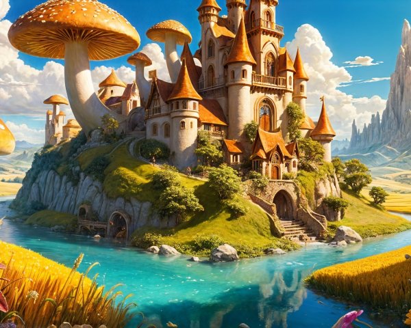 Whimsical castle on a hill with vibrant mushroom trees
