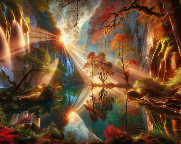 Cascading Waterfalls and Autumn Foliage Landscape