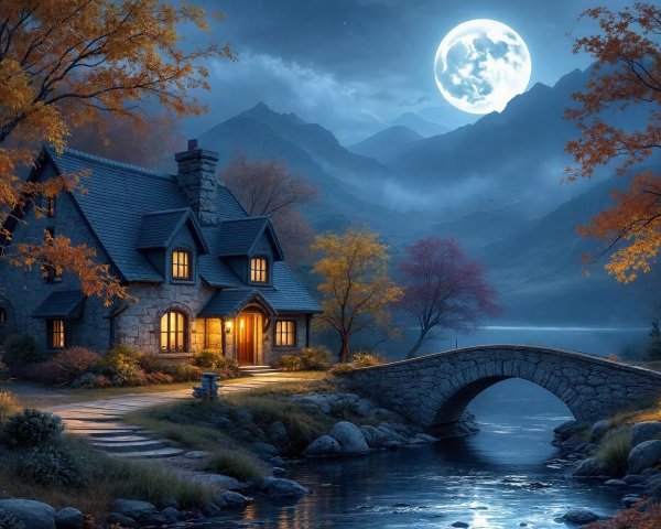 Stone Cottage by a Serene Lake at Night with Moonlight