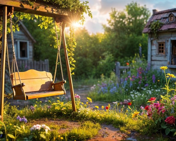 Rustic Swing in a Vibrant Flower Garden Scene