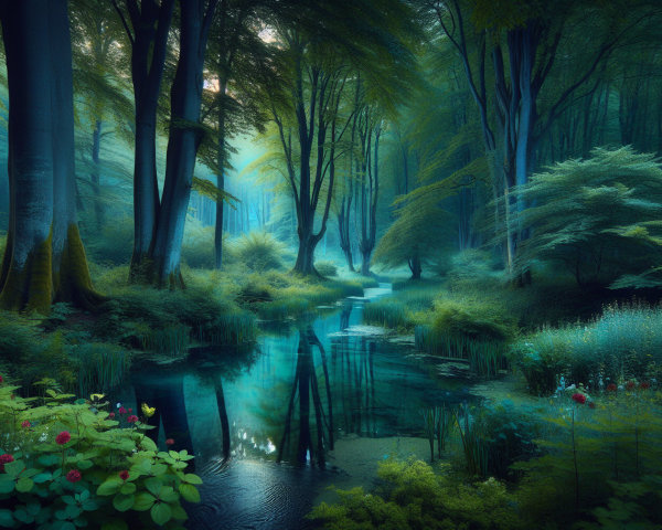 Enchanted Forest with Reflective Stream and Flowers