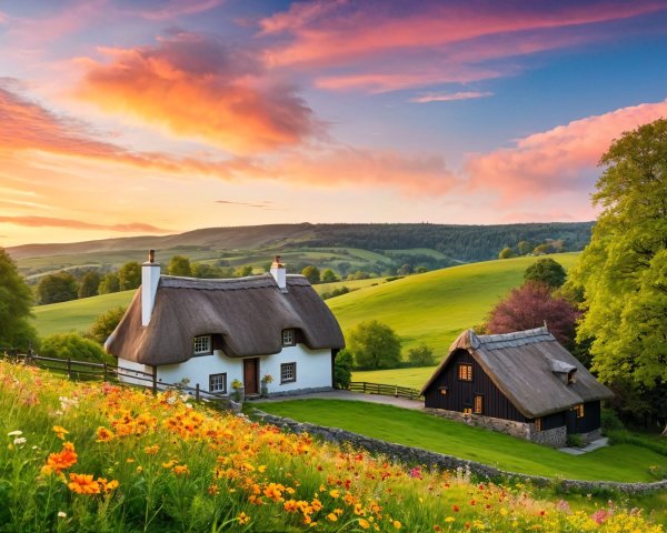 Charming Cottages in a Vibrant Meadow Landscape