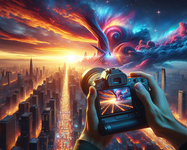 Surreal Sunset Over Futuristic Cityscape with Vivid Clouds