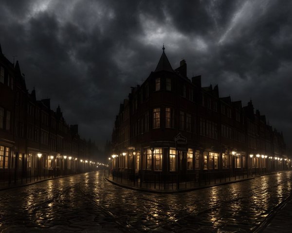 Twilight Street Scene in a Dark Old City