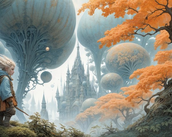 Child on Knoll Observing Castle in Dreamlike Landscape