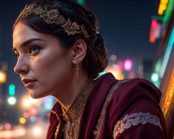 Young woman in ornate maroon outfit against city lights