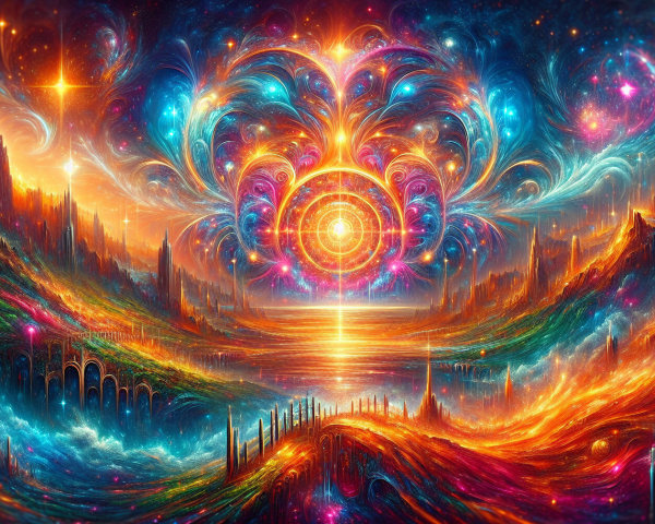 Vibrant Cosmic Landscape with Galaxies and Waterfalls