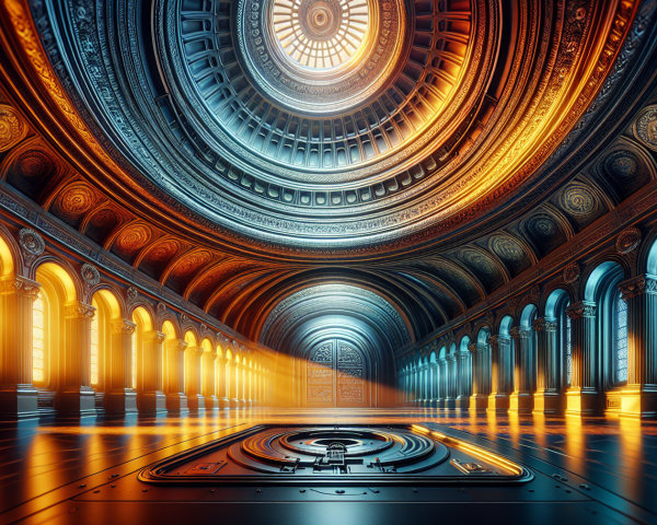 Grand hall with ornate ceiling and elegant columns