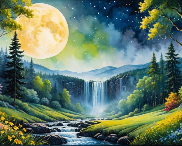 Serene Landscape with Waterfall and Full Moon Glow
