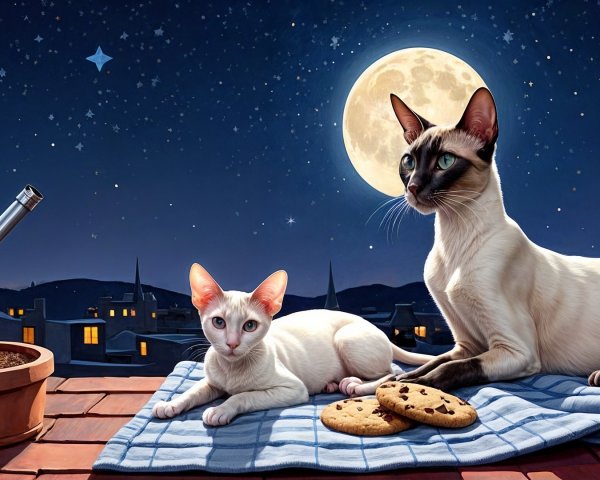 Cats Relaxing on Rooftop Under Starry Night Sky