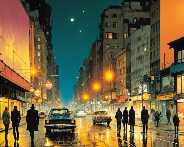 Urban Street Scene at Dusk with Neon Lights