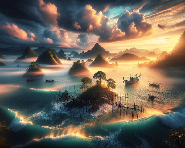 Seascape at Sunset with Islands and Fishermen's Boats