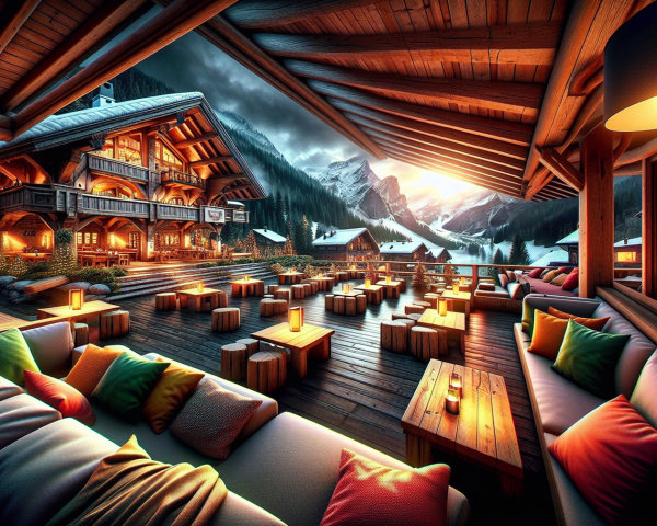 Cozy Outdoor Lounge Area at Ski Resort Lodge Dusk