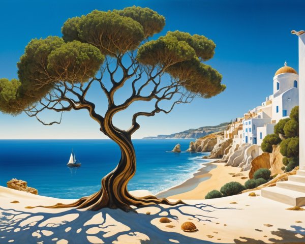 Vibrant Coastal Scene with Twisted Tree and Sailboat