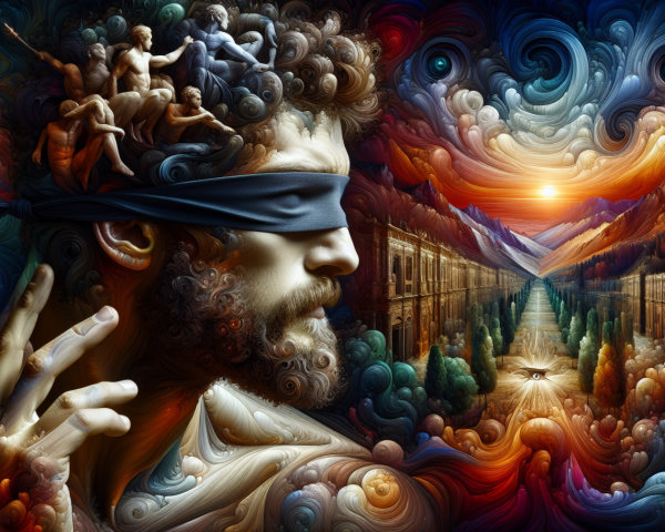 Contemplative Figure with Blindfold in Vibrant Landscape