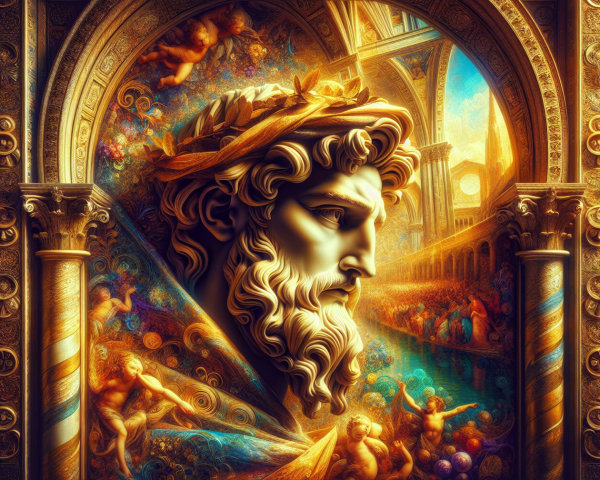 Golden Classical Figure with Laurel Wreath and Landscape