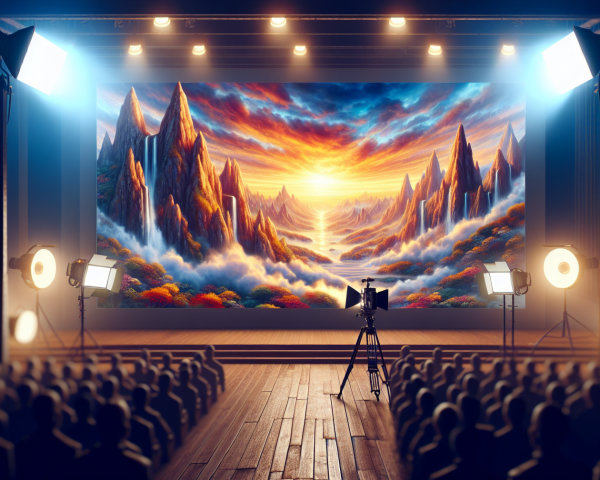 Theater Stage with Mural of Mountains and Sunset
