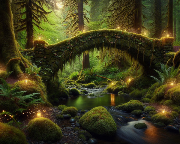 Serene forest scene with mossy bridge and stream