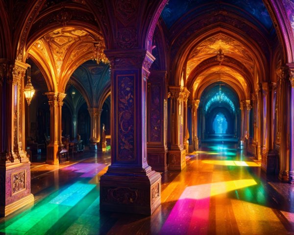 Grand Hallway with Ornate Arches and Soft Lighting