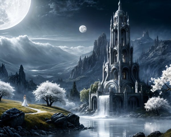 Mystical Landscape with Tower and Cherry Blossoms