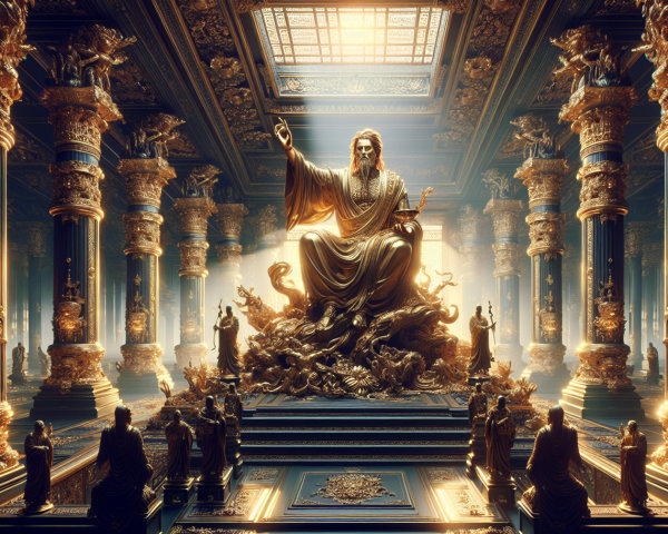 Celestial Hall with Majestic Statue and Stained Glass