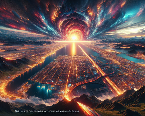 Futuristic Cityscape Under Cosmic Sky and Mountains
