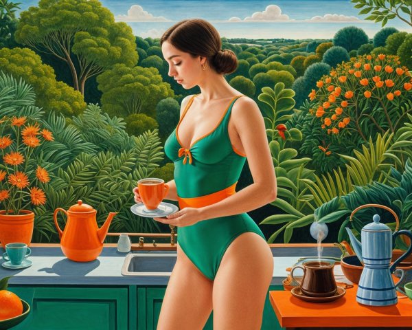 Woman in Green Swimsuit in Serene Kitchen Setting