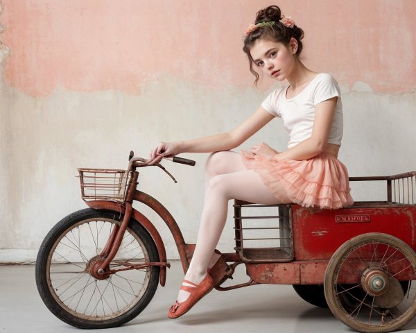 Young girl on vintage tricycle with whimsical attire