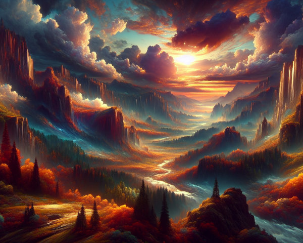 Dramatic Sunset Over Mountains and Waterfalls