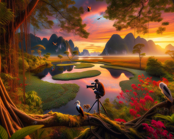 Cinematic Jungle Landscape at Sunset with River and Birds