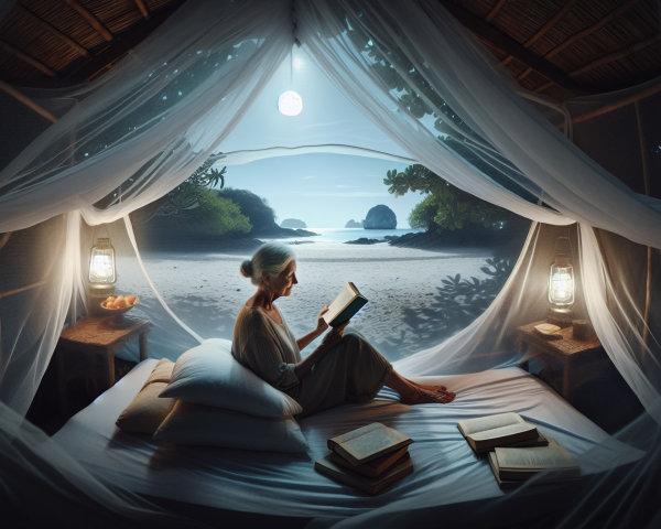 Elderly Woman Reading in Beachside Hut at Night
