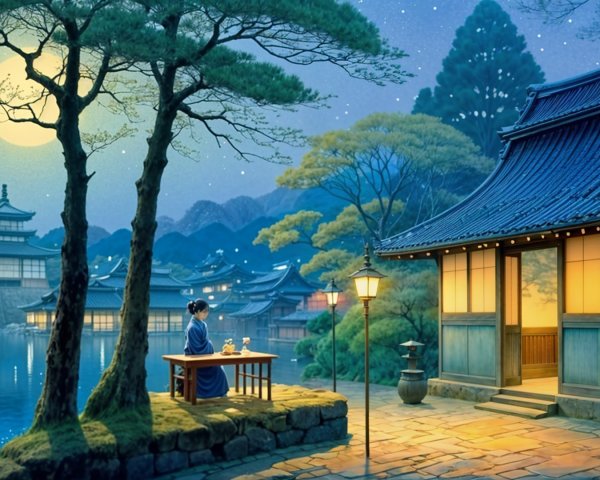 Serene Night Scene by Tranquil Waterway with Lanterns
