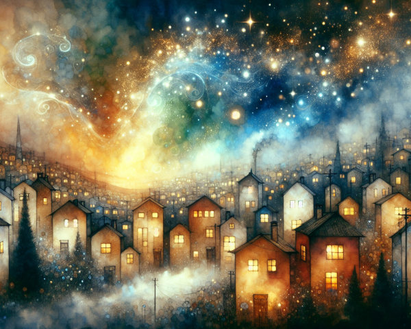 Charming Village Night Scene with Cosmic Colors