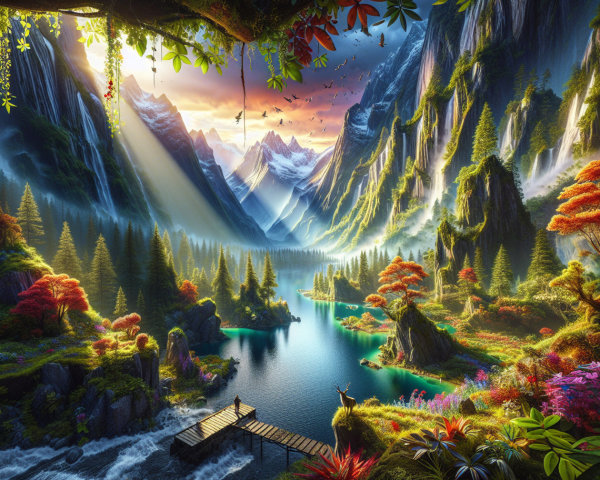 Mountain Landscape at Sunset with Serene Lake View