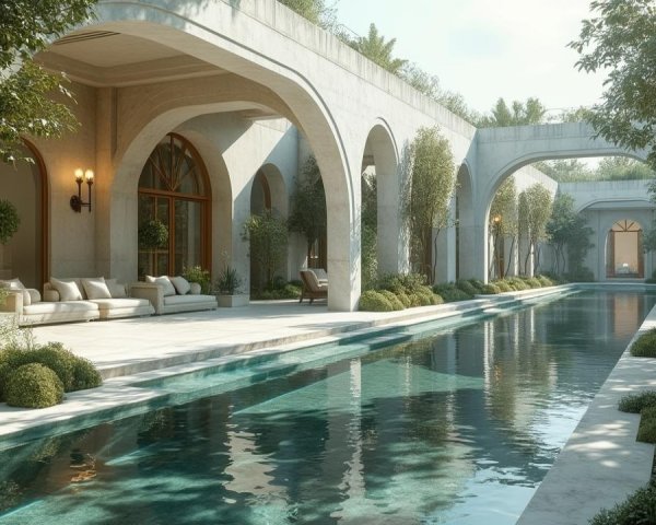 Serene Courtyard with Arches and Lush Greenery