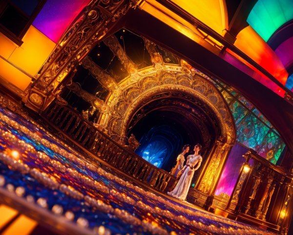 Vibrant Corridor with Colorful Lights and Gold Designs