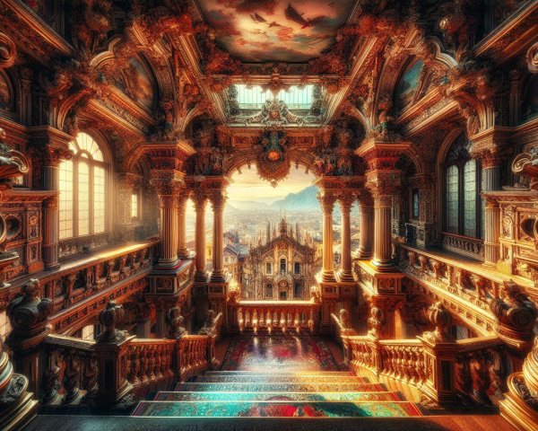 Opulent staircase with intricate carvings and golden accents