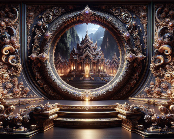 Ornate Baroque Frame Surrounding Mountain Temple Scene