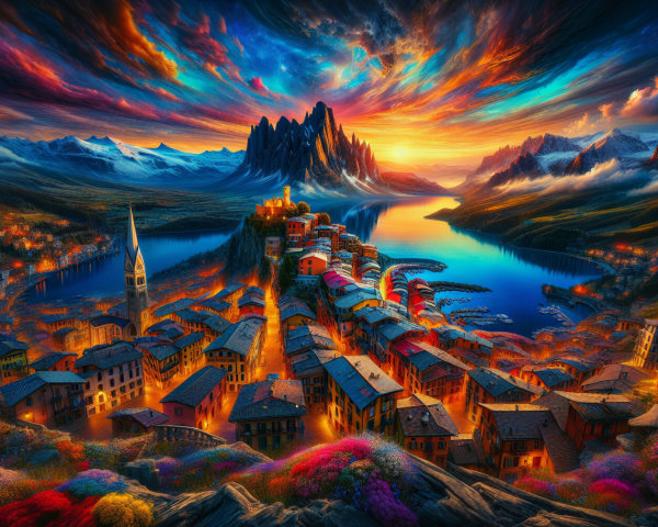 Vibrant village landscape by a serene sunset lake