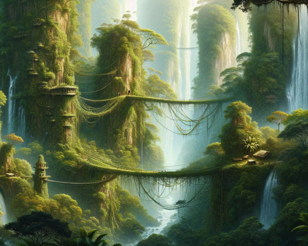 Lush Landscape with Green Cliffs and Waterfalls