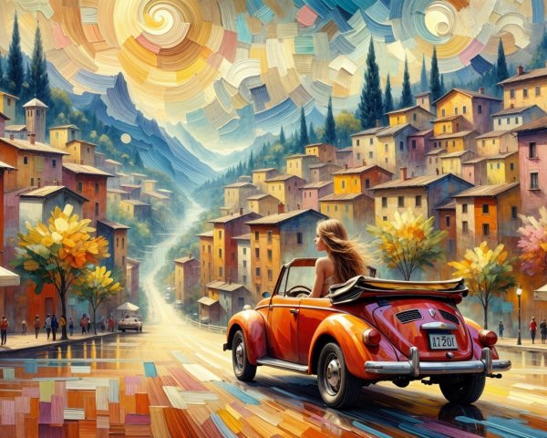 Classic Convertible in a Colorful Autumn Town Scene