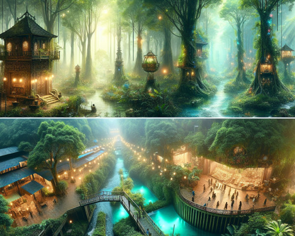 Mystical Forest Scene with Enchanting Treehouses