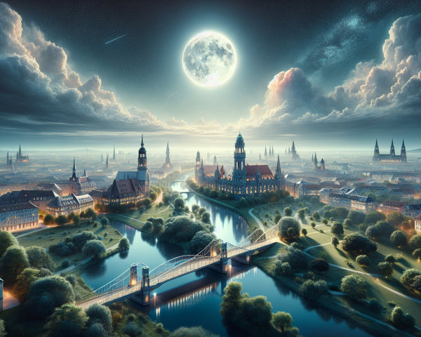 City Night Scene with Moonlit Skyline and River